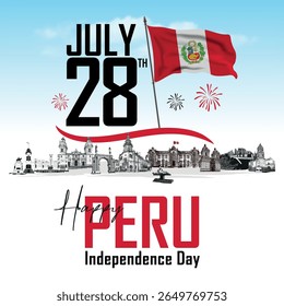 Independence Day 28th of July with Peru Flag. Peru Independence day vector illustration template for web, banner, flyer, poster.
