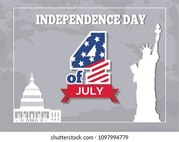 Independence Day 4 of July poster, American Statue of Liberty and Washington capitol. Monument represented by woman in crown with torch and parchment