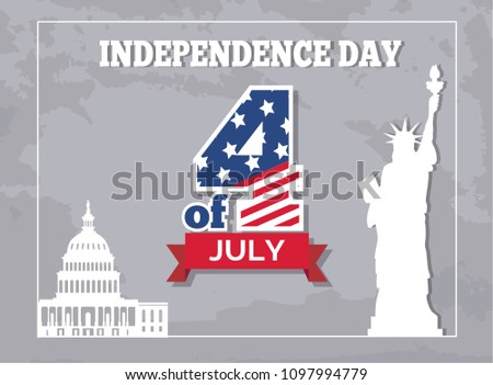 Independence Day 4 of July poster, American Statue of Liberty and Washington capitol. Monument represented by woman in crown with torch and parchment
