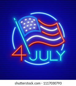Independence Day, 4 of July. United States of America USA national flag in circle. Neon icon. EPS10 vector illustration.