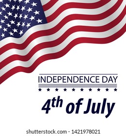 Independence Day 4 th of July with a waving flag on white background. Greeting card patriotic poster