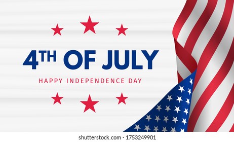 Independence day 4 th july poster. Usa independence day celebration. American national holiday. Invitation template with text and waving us flag on white wooden background. Vector illustration