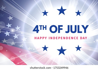 Independence day 4 th july. Happy independence day of USA with glow flash and flag. Fourth of July celebration banner. Vector illustration