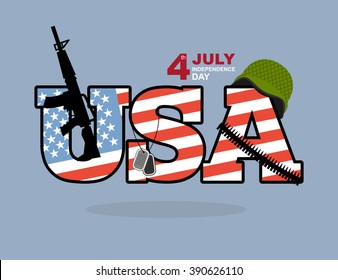 Independence Day 4th of July. Automatic and soldiers helmet. Military badge. Cartridge belt, patronage. Patriotic holiday in America. National holiday in United States