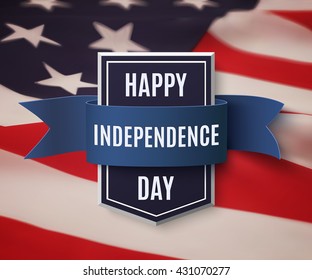Independence Day, 4th of July background template. Badge with blue ribbon on top of American flag. Vector illustration.