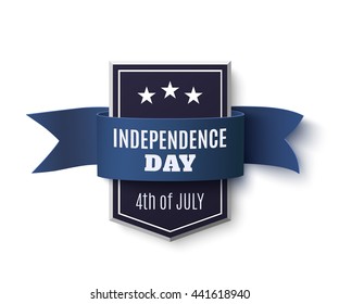 Independence Day, 4th of July background template. Badge with blue ribbon isolated on white. Vector illustration.