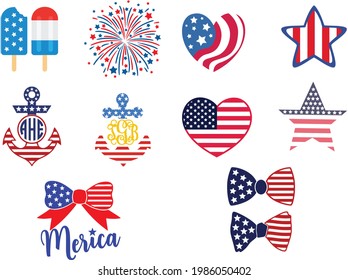 Independence Day (4th of July) Collection. Hand drawn graphic paint on white background, isolated clip art elements for holiday decoration and celebration design.