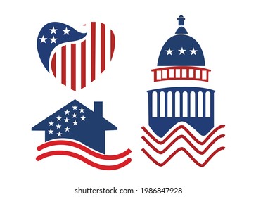 Independence Day (4th of July) Collection. Hand drawn graphic paint on white background, isolated clip art elements for holiday decoration and celebration design. Red, blue, white color. 