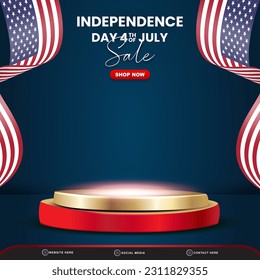 independence day 4th of july sale square banner for social media post with 3d podium for sale with abstract gradient blue background design