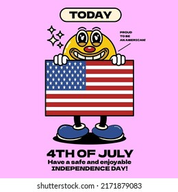 Independence day 4th of july with the smiling character and the american flag he is holding and the star element in addition