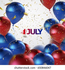 Independence Day. 4th of July. United States of America holiday event. Vector illustration. Festive postcard design with flying glossy balloons and golden confetti.