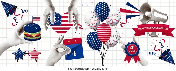 Independence day, 4th of july USA holiday collage element set. Patriotic american flag colors stickers. Hands, popper confetti, bunch balloon, megaphone, burger. Vector illustration