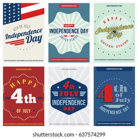 Independence Day 6 Colored  Posters set. Fourth of July United States Independence Day flyers or cards collection. Isolated. Vector