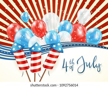 Independence day abstract background with lines and stars. Text 4th of July with balloons and rocket fireworks, illustration.
