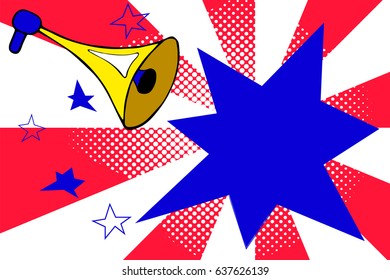 Independence Day Advertisement Template With Retro Megaphone And Text Place. Megaphone And Flash Vector Background With Stripes And Stars. American Flag Colored Banner For Sale Event. 4th July Flyer