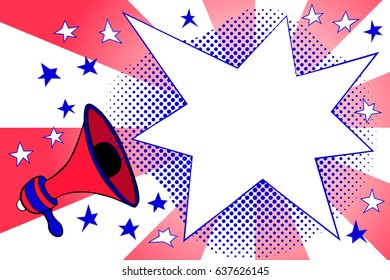 Independence Day Advertisement Template With Retro Megaphone And Text Place. Megaphone And Flash Vector Background With Stripes And Stars. American Flag Colored Banner For Sale Event. 4th July Card