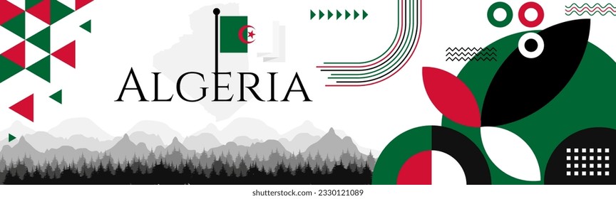 Independence Day of Algeria banner with name and map. Flag color themed Geometric abstract retro modern Design. Green, white and red color vector illustration template graphic design.