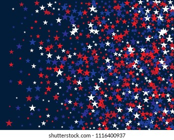 Independence Day of America, 4th of July Patriotic Stars Confetti. Falling Stars Pattern, USA Confetti Border in Blue, Red, White. 4th of July, US Independence Day, National Symbols Grunge Background.