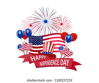 Independence Day of America. Congratulatory inscription with a wish of happiness. Flag, salute, balloons, hat. Vector illustration