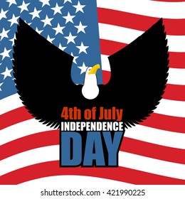 Independence Day of America. Eagle and USA flag. National patriotic American holiday 4th of July. Large predatory bird spread its wings
