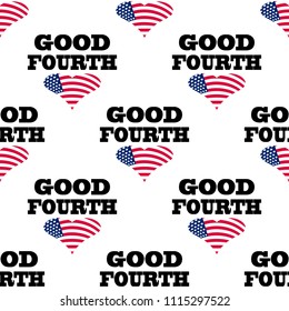 Independence Day of America endless pattern. July 4th seamless repeat background. USA national holiday backdrop, wallpaper or print with a heart from the flag and inscriptions