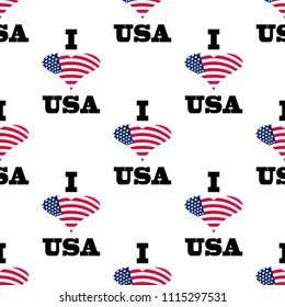 Independence Day of America endless pattern. July 4th seamless repeat background. USA national holiday backdrop, wallpaper or print with a heart from the flag and inscriptions