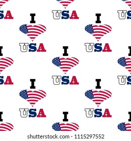 Independence Day of America endless pattern. July 4th seamless repeat background. USA national holiday backdrop, wallpaper or print with a heart from the flag and inscriptions