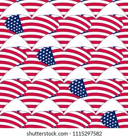 Independence Day of America endless pattern. July 4th seamless repeat background. USA national holiday backdrop, wallpaper or print with a heart from the flag