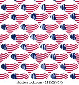 Independence Day of America endless pattern. July 4th seamless repeat background. USA national holiday backdrop, wallpaper or print with a heart from the flag