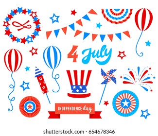 Independence day of America festive doodles set. Patriotic american holiday Fourth of July. Vector illustration. Greeting card, wrapping paper, cover design.