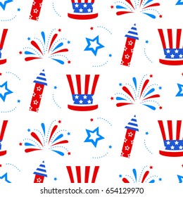 Independence day of America festive seamless pattern background. Patriotic american holiday Fourth of July. Vector illustration. Greeting card, wrapping paper, cover design.