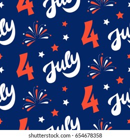 Independence Day Of America Festive Seamless Pattern Background. Patriotic American Holiday Fourth Of July. Vector Illustration. Greeting Card, Wrapping Paper, Cover Design.