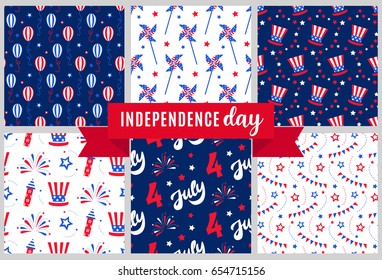 Independence day of America festive seamless pattern backgrounds set. Patriotic american holiday Fourth of July. Vector illustration. Greeting card, wrapping paper, cover design.