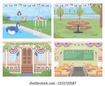 Día de la Independencia en Estados Unidos conjunto de ilustraciones vectoriales de color plano. Cuarto feriado de julio. Patriotismo 2D simple caricatura exterior, interior y paisaje con decoración festiva sobre la colección de fondo