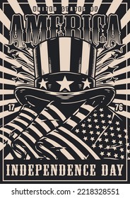 Independence Day America Monochrome Vintage Flyer With National Flag And Hat For 4th Of July Patriotic Party Invitation Vector Illustration