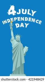 Independence Day of America. Statue of Liberty symbol of New York. Font of clouds. Blue sky and white clouds. National patriotic holiday in USA on July 4
