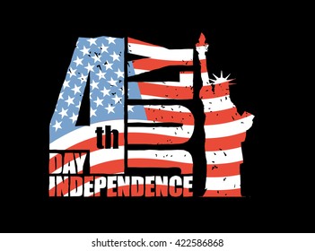 Independence Day of America. Statue of Liberty and USA flag in grunge style. Brush stroke. National public holiday in United States. Logo for patriotic celebration