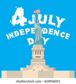 Independence Day of America. Statue of Liberty symbol of New York. Font of clouds. Blue sky and white clouds. National patriotic holiday in USA on July 4
