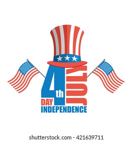 Independence Day in America. Uncle Sam hat and USA flag. National American holiday. Emblem patriot
