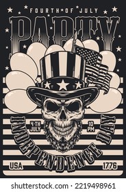 Independence day America vintage poster monochrome dead man invites to party in honor national holiday on 4th July vector illustration