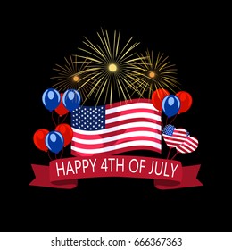 Independence Day of America. Volumetric drawing without a mesh and a gradient. Flag, salute, balloons. Vector illustration