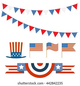 Independence day of America.Blank banner, bunting or swag templates for scrapbooking parties. Patriotic Symbolic Decoration for Holiday. National flag Usa. 