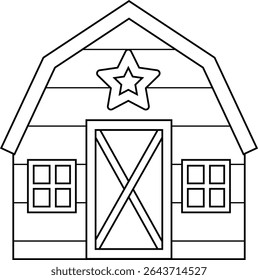 Independence Day American Farmhouse coloring page design.
USA Patriotic Red Barn outline Vector illustration.
Fourth of July Barn Decoration.
Transparent background. 