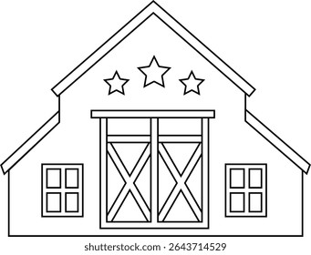 Projeto de página colorida American Farmhouse do Dia da Independência.
EUA Patriótico Red Barn esboço ilustração Vetor.
Decoração do celeiro de 4 de julho.
Fundo transparente. 