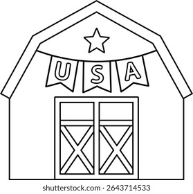 Projeto de página colorida American Farmhouse do Dia da Independência.
EUA Patriótico Red Barn esboço ilustração Vetor.
Decoração do celeiro de 4 de julho.
Fundo transparente. 