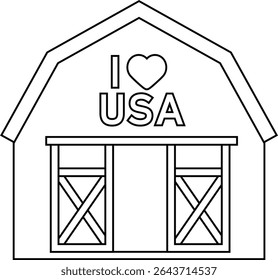 Projeto de página colorida American Farmhouse do Dia da Independência.
EUA Patriótico Red Barn esboço ilustração Vetor.
Decoração do celeiro de 4 de julho.
Fundo transparente. 