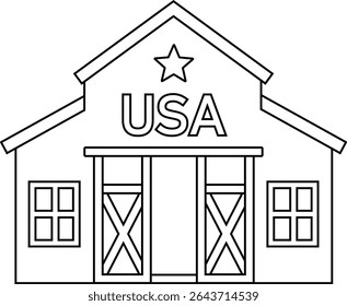 Projeto de página colorida American Farmhouse do Dia da Independência.
EUA Patriótico Red Barn esboço ilustração Vetor.
Decoração do celeiro de 4 de julho.
Fundo transparente. 
