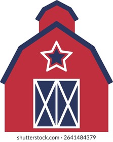 Independence Day American Farmhouse Icon design.
USA Patriotic Red Barn Flat Vector illustration.
Fourth of July Barn Decoration.
Transparent background. 
