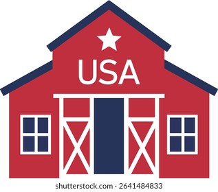 Independence Day American Farmhouse Icon design.
USA Patriotic Red Barn Flat Vector illustration.
Fourth of July Barn Decoration.
Transparent background.
