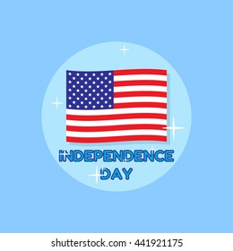 Independence Day and the American flag on a blue background. Flat style icon for the celebration of Independence Day July 4. Vector